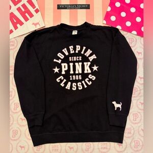 VS PINK LIMITED EDITION CREW SWEATSHIRT BLACK LOVE 86 DOG PUP PATCH LOGO NWOT LG